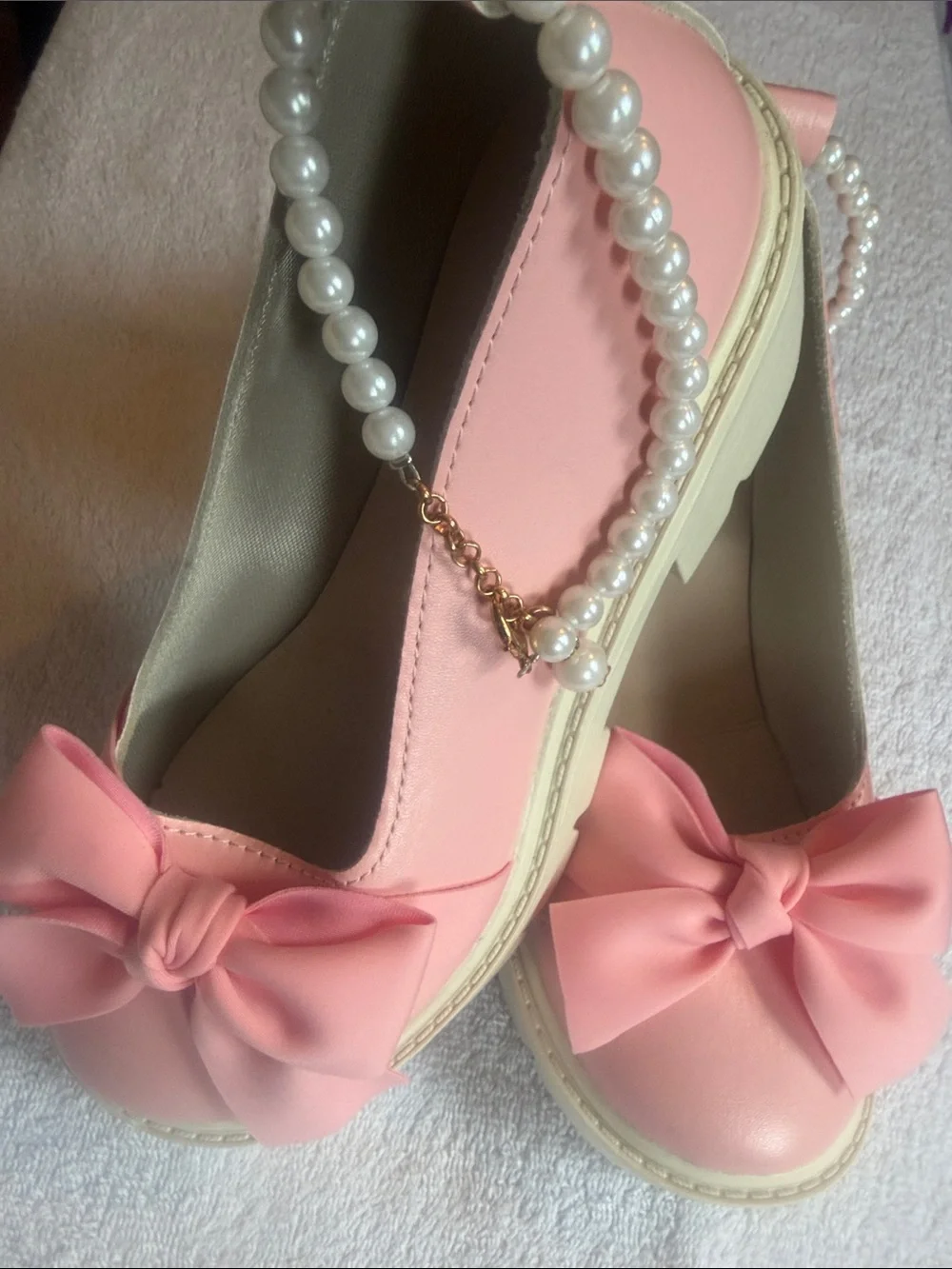 Pink Coquette Bow Platform Mary Jane Shoes Pearl Strap EU 37 US 6.5–7